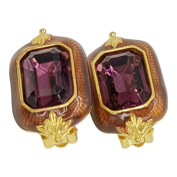BEREBI Vintage Purple Enamel Rhinestone Clip Earrings Gold Tone Signed - Picture 1 of 12